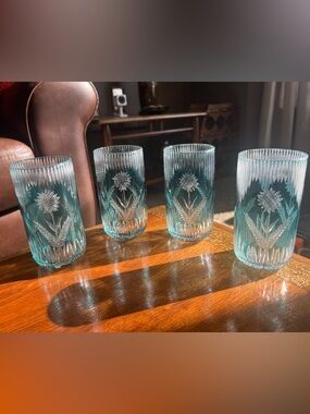 Vintage Floral Etched Cut to Clear Turquoise Glass Tumblers - Set of 4